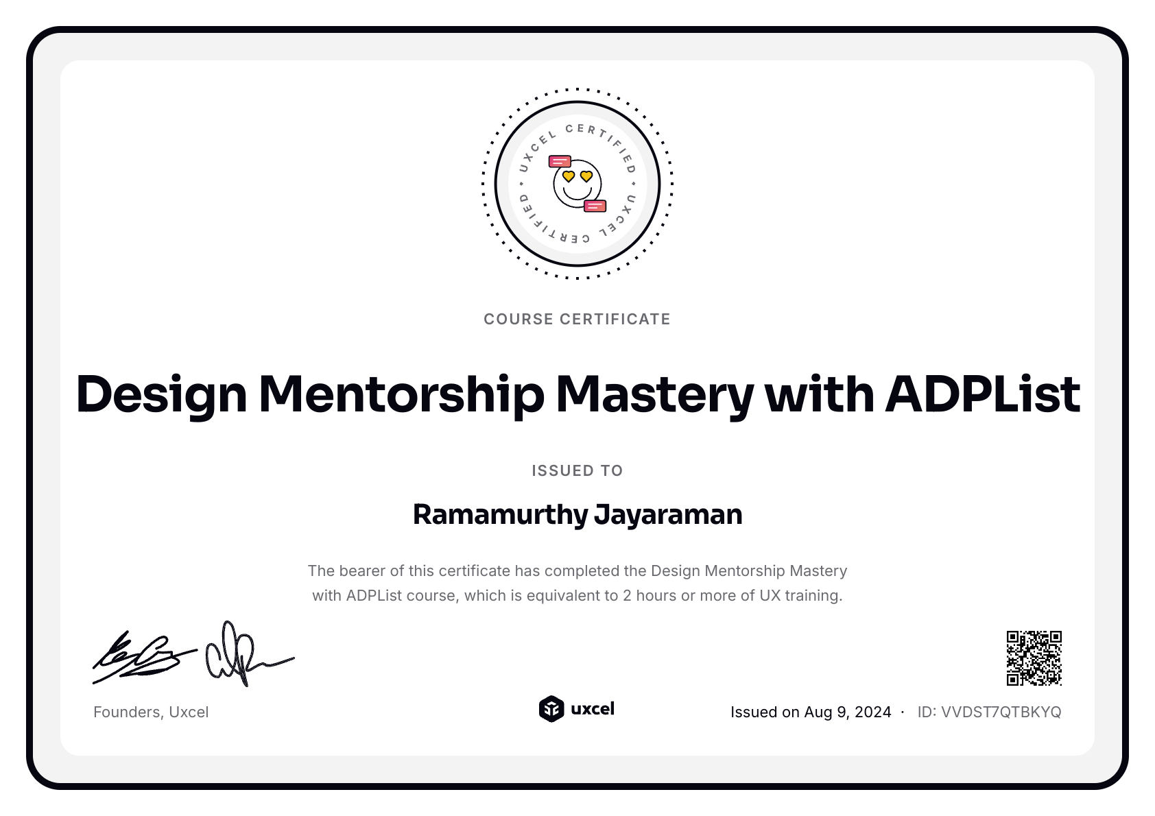 Ramamurthy Jayaraman's certificate